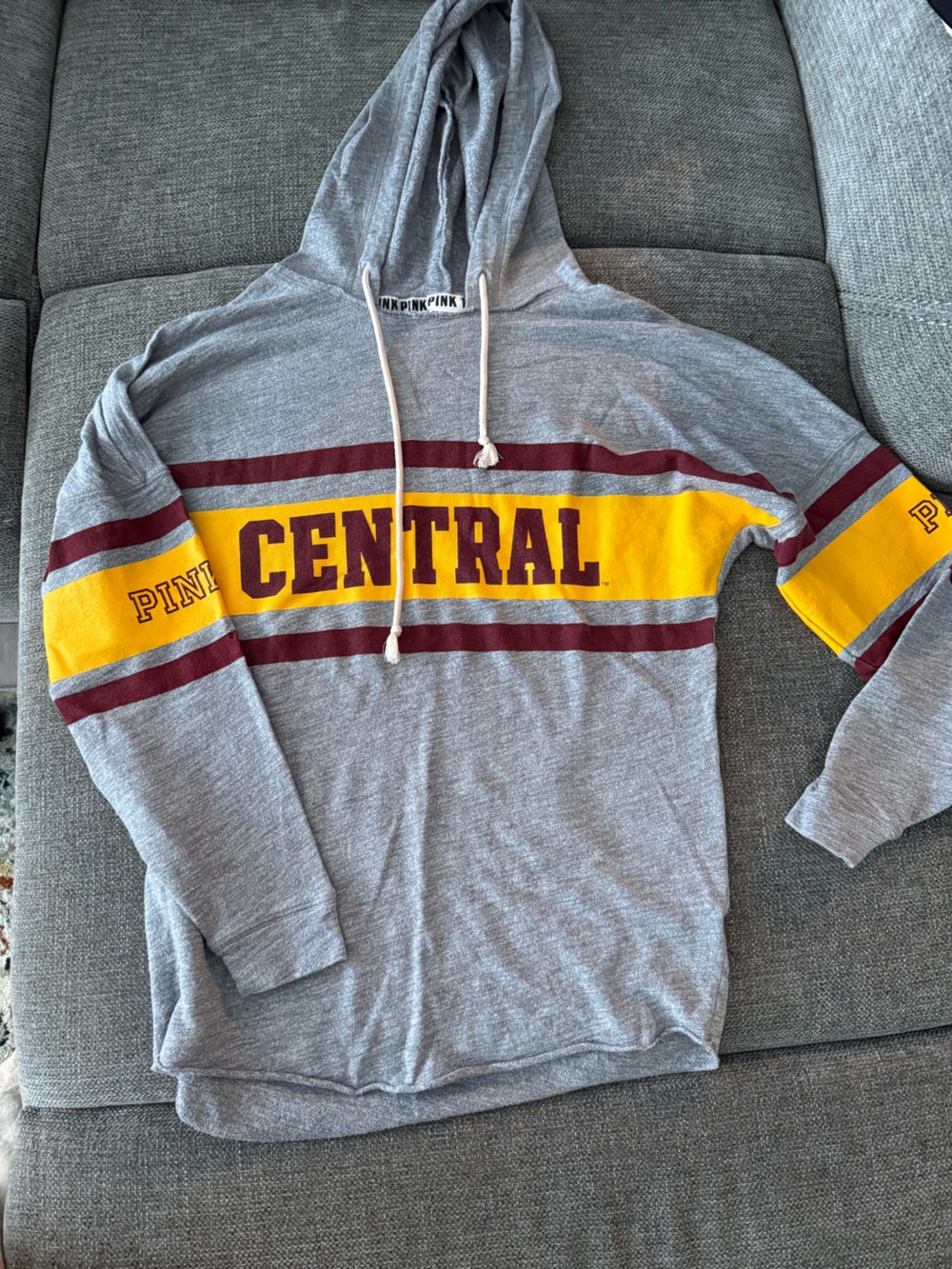 Victoria's Secret PINK Gray Hoodie with Yellow and Maroon Central Stripe